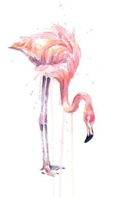 a watercolor painting of a pink flamingo standing on one leg with its head in the air