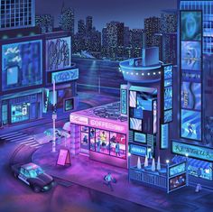 an image of a city at night with neon lights