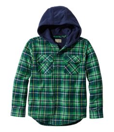 Our hooded shirt combines the best of both worlds: warm, breathable fleece and soft, yet rugged, flannel. Relaxed. 100% Portuguese cotton flannel. Lined with 100% polyester fleece. Machine wash and dry. Premium Portuguese flannel shell gets softer with every wash. Ideal for layering or as a light jacket. Two chest pockets and two side pockets hold essentials. Fleece hood for extra warmth when they need it. Imported. | Kids' Fleece-Lined Flannel Shirt, Hooded Plaid Plaid Hoodie For Winter Outdoor Activities, Hooded Plaid Flannel Shirt, Plaid Long Sleeve Hoodie For Outdoor, Green Cotton Flannel Shirt For Winter, Winter Green Cotton Flannel Shirt, Casual Hooded Flannel Shirt For Winter, Casual Winter Flannel Shirt For Outdoor Activities, Green Tops With Adjustable Hood For Outdoor, Outdoor Cotton Tops With Fleece Lining