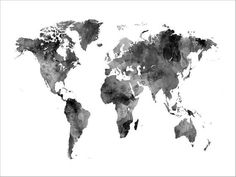 a black and white map of the world with watercolor stains on it's edges