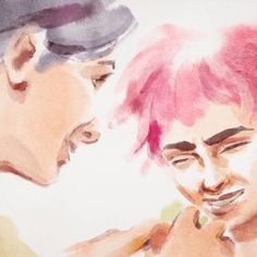 two young men with pink hair are looking at each other's eyes and smiling