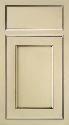 a white cabinet door with black lines on the front and back paneled in beige