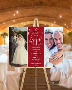 an easel with a wedding photo on it and the words welcome to the couple