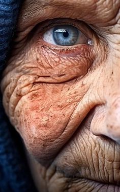 an old woman with wrinkles on her face and blue eyes looking at the camera