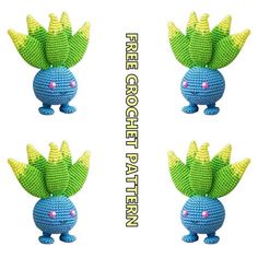 four crocheted blue and green plants with pink eyes on their heads are shown in three different positions