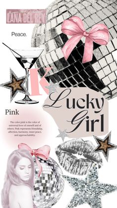 an advertisement for a pink and silver party with stars, disco ball, champagne glasses