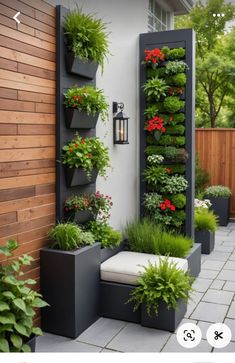 an outdoor garden with plants growing on the wall