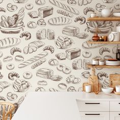 a kitchen wallpaper with bread and pastries on it