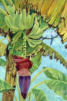 a painting of a banana tree with a bird perched on it