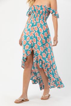 Born in the Borough that embodies the rhythm and soul of New York city, the Brooklyn Dress’ edge and grace has become a Tiare Hawaii staple. Perfect for beach getaways to nights out on the town, we love its effortless versatility and elegance. You’ll adore flowing with each step and accessorizing to your mood. Details: 100% Rayon Hand Wash & Lay flat to dry Features: Off the shoulder ruffle sleeve, Elasticized neckline and waist, High-low ruffled hem Measures: Approximately 31" for the shortest Flowy V-neck Midi Dress For Beach, Beach Dress With Floral Print And High-low Hem, Breezy Flowy Beach Dress For Brunch, Flowy Breezy Beach Dress For Brunch, Summer High-low Hem Flowy Dress, Summer Dresses With Flowy High-low Hem, Flowy Brunch Beach Dress, Flowy High-low Hem Summer Dress, Spring Beach Midi Dress With Flowy Skirt