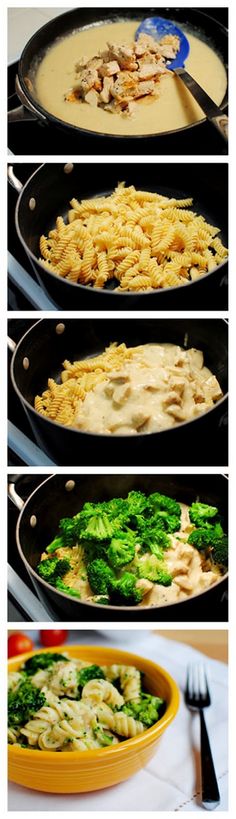 four different pans filled with pasta and broccoli