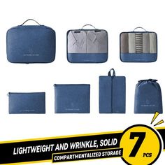 eight pieces of blue and grey bags with zippers on each side, all in different sizes