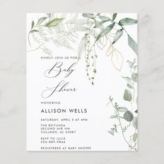 a white and green floral baby shower card