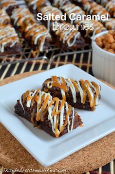 salted caramel brownies on a white plate