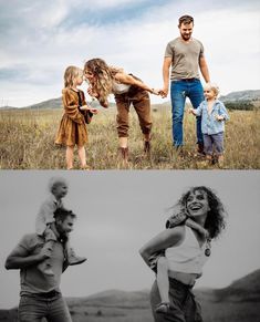 two photos, one is black and white the other has blonde hair in an open field