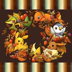 the letter c is made up of many different pokemons and autumn leaves, as well as an image of pikachu