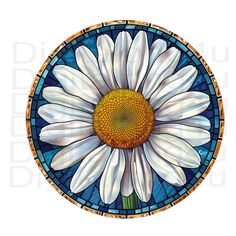 a stained glass window with a white daisy in the center