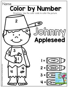 the johnny appleseed color by number worksheet for children to practice addition skills