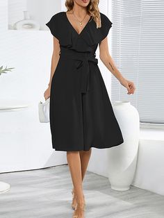 Selling Points1.Gender:Womens2.Dresses Type:Semi Formal Dress3.Neckline:V Neck4.Design:Ruffle5.Sleeve Length:Short Sleeve6.Season:SummerSpring7.Dress Length Type:Midi DressSpecificationsGenderWomensStyleModern,FashionDresses TypeSemi Formal DressNecklineV NeckFabricPolyesterDesignRuffle,Lace upSleeve LengthShort SleeveElasticityMicro-elasticLook After MeMachine washPatternPlainSeasonSummer,SpringFit TypeRegular FitDress Length TypeMidi DressHow to MeasureSize ChartINCHCMSizeFit US SizeFit UK ... Elegant Non-stretch Dress With Ruffle Hem, Elegant Non-stretch Ruffle Dress, Elegant Non-stretch Ruffled Dress, Elegant Non-stretch Dress With Ruffles, Non-stretch V-neck Dress With Ruffles, Fitted Belted Dress With Flutter Sleeves, Formal Summer Dress With Ruffle Sleeves, Summer Formal Dress With Ruffle Sleeves, Solid Color Midi Dress For Summer Office