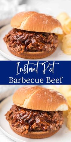 instant pot barbecue beef sandwich on a white plate with chips