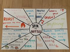 a spin the bottle game on a wooden floor with words written all over it in different languages