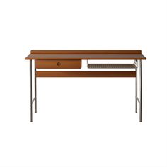 a wooden desk with metal legs and a drawer on the top, against a white background