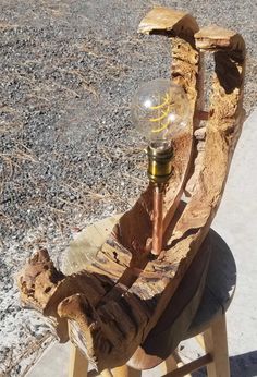 a wine bottle sitting on top of a wooden chair next to a tree stump with a light bulb in it