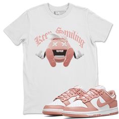 Free domestic shipping on all orders over $60! Keep Smiling t-shirt design was made to superbly match your kicks. Shop our Drip Gear Zone collection now to find the best sneaker shirts and Jordan outfits. We have a lot of high-quality sneaker match shirts and more. 100% Cotton [Black,White] 90% Cotton / 10% Polyester [Heather Grey] 50% Cotton / 50% Polyester [Safety Green] Hoodie/Sweatshirt - 80% Cotton / 20% Polyester Outfit With Rose Whisper Dunks, Pink Spring Shirt For Streetwear, Pink Spring Streetwear Shirt, Rose Whisper Dunks Outfit, Rose Whisper Dunks, Jordan 1 Low Green, Dunks Outfit, Jordan Outfits, Sneaker Match Tees