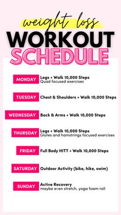 the workout schedule is shown with pink and yellow stripes on it, including an image of a