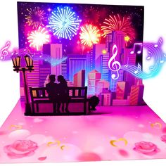 two people sitting on a bench in front of a cityscape with fireworks and music notes