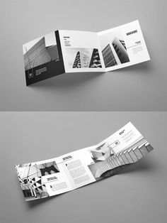 an open brochure is shown with black and white graphics on the bottom half