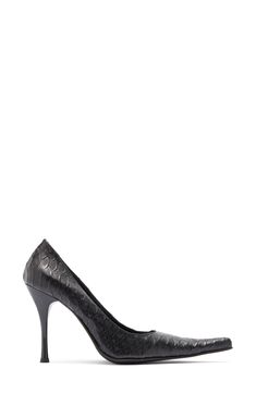 A pointy toe dramatically lengthens a scene-stealing pump crafted from snakeskin-embossed leather and lofted by a towering tapered heel. 4" heel (size 8.5) Leather upper and lining/synthetic sole Imported Snake Print Heels With Pointed Toe For Evening, Evening Heels With Snake Print And Pointed Toe, Formal Snake Print Heels With Pointed Toe, Black Snake, Jeffrey Campbell, Women's Pumps, Embossed Leather, Snake Skin, Leather Upper