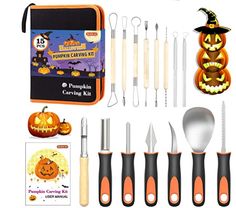 the halloween cooking set includes pumpkins, knives and other kitchen utensils