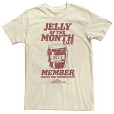 the jelly of the month club t - shirt is white with red lettering on it