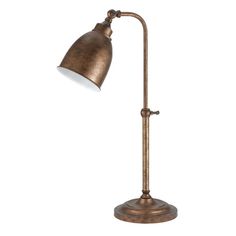 an antique brass desk lamp with a white light on it's arm and a metal base