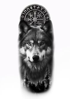 an image of a wolf with compass on it's back