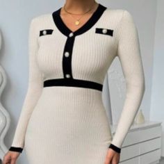 Brand New White Bodycon Midi Sweater Dress, White Bodycon Sweater Dress Midi Length, White Bodycon Sweater Dress For Winter, White Bodycon Midi Length Sweater Dress, White Knit Bodycon Sweater Dress, White Bodycon Mini Sweater Dress, White Fitted Sweater Dress For Work, Fitted White Sweater Dress For Work, White Knit Dresses For Work