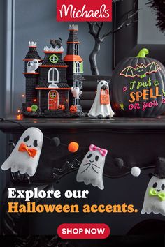 halloween decorations are displayed on a mantle with the words explore our halloween accents shop now