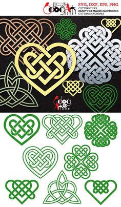 the celtic heart and knot design is shown in two different colors, one green and one red