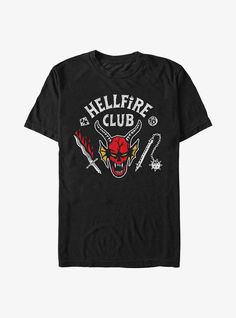 All hail the Hawkins High Hellfire Club! Wear this lightweight black tee -- inspired by season 4 of Stranger Things -- to prove you're an honorary member.Lightweight 100% combed ring spun cottonWash cold; dry lowImportedListed in men'sunisex sizes Stranger Things Hellfire Club, Stranger Things Style, Stranger Things Hellfire, Stranger Things Tshirt, Hellfire Club, Cut Tees, Club Logo, Club T Shirt, Club Wear