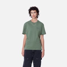 Color: Duck Green / Aura - The Women's S/S Script Embroidery T-Shirt is made of lightweight cotton in a regular fit. It is detailed with an embroidered Script Logo on the chest. _* 100% Organic Cotton Single Jersey, 150 g/sqm, regular fit, script embroidery Casual Green T-shirt With Embroidered Logo, Relaxed Fit Green Top With Embroidered Logo, Green Relaxed Fit Top With Embroidered Logo, Green Relaxed Fit T-shirt With Embroidered Graphics, Basic Cotton T-shirt With Embroidered Logo, Green Cotton T-shirt With Embroidered Graphics, Relaxed Fit Cotton T-shirt With Embroidered Text, Green Casual T-shirt With Embroidered Text, Green Short Sleeve T-shirt With Embroidered Text