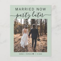 the married now party flyer is shown in black and white with an image of a couple holding hands