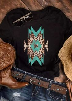 Western Turquoise Leopard Vintage Print Tee Bohemian Graphic Print Rodeo Top, Bohemian Graphic Print Tops For Rodeo, Western Crew Neck Tops For Rodeo, Blue Western Tops For Fall, Blue Western Style Tops For Fall, Black Western Style Summer Tops, Black Western Tops For Summer, Black Western Style Tops For Summer, Blue Western Tops For Rodeo