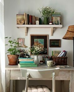 a desk with some books and plants on top of it next to a wall mounted shelf