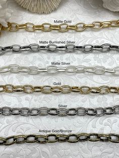 the different types of chains are shown in various colors and sizes, including gold, silver, or bronze