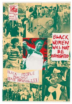 a collage of black women with red and white signs