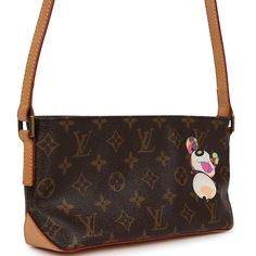 This vintage Louis Vuitton X Takashi Murakami Panda Troutter is of brown monogram canvas with gold hardware, featuring a Takashi Murakami's panda design on the front of the bag with a zip top closure and a long adjustable shoulder/crossbody strap.The interior is lined in brown canvas and there's one interior zip pocket on rear wall with gold zipper pull.Origin: FranceCondition: Vintage; Excellent to Mint - This bag retains its shape. The exterior canvas is clean with no signs of wear. Minor discoloration to the hardware but no major scratches to the hardware. The vachetta trim on the bottom has a few discolored marks and no visible wear to shoulder strap.Accompanied by: Louis Vuitton dustbagMeasurements: 10.5" width x 5" height x 2.75" depth; adjustable shoulder/crossbody strap drop: 18"-2 Panda Design, Hermes Birkin 35, Hermes Birkin 25, Takashi Murakami, Rug Bag, Birkin 25, School Bags For Kids, Vintage Louis Vuitton, Brown Canvas