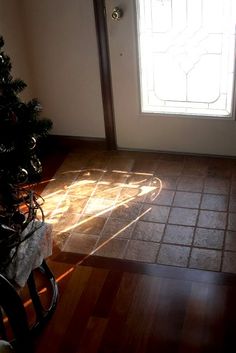 a small christmas tree sitting on top of a hard wood floor next to a door