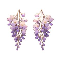 two pairs of earrings with purple flowers hanging from the ends of each earring, on a white background