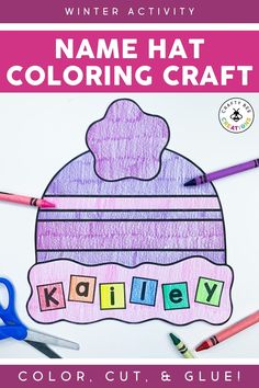 the name hat coloring craft is shown with crayons